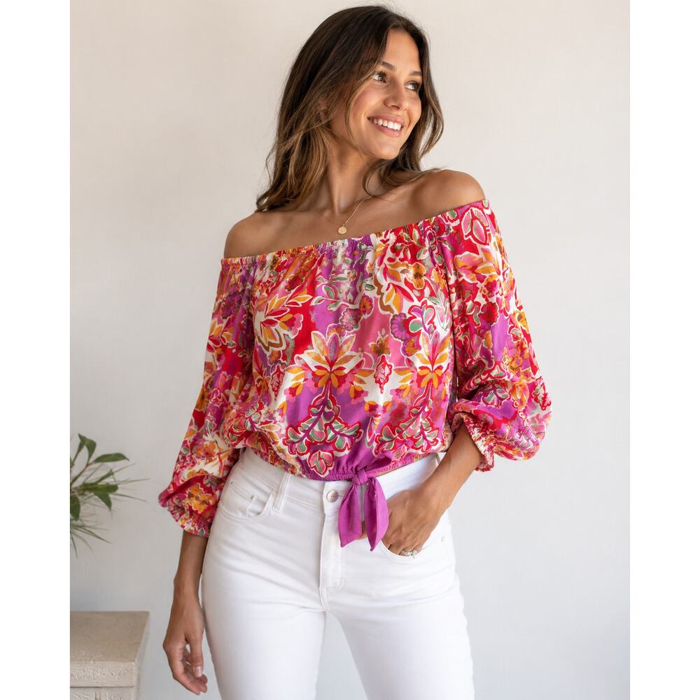 CeCe Floral Off Shoulder Linen Blend Ruched‎ Sleeve Boho Blouse Size Medium